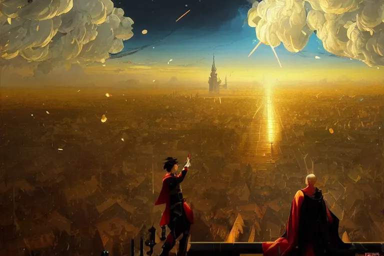 Image similar to baroque oil painting of anime key visual concept art of king addressing nation from balcony as artillery rains down from above, golden rays, fantasy european castle, trending on artstation, palette knife and brush strokes, oil on canvas, style of makoto shinkai greg rutkowski studio ghibli genshin impact