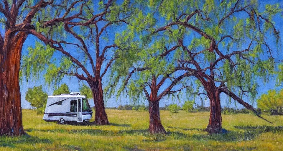 Prompt: an rv under a cottonwood tree, beautiful painting, oil on canvas, by ewa czarniecka, award winning masterpiece,