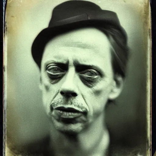 Prompt: old photo of steve buscemi, daguerrotype, tintype, dirty. faded. old photograph, polaroid, highres, wet plate collodion,