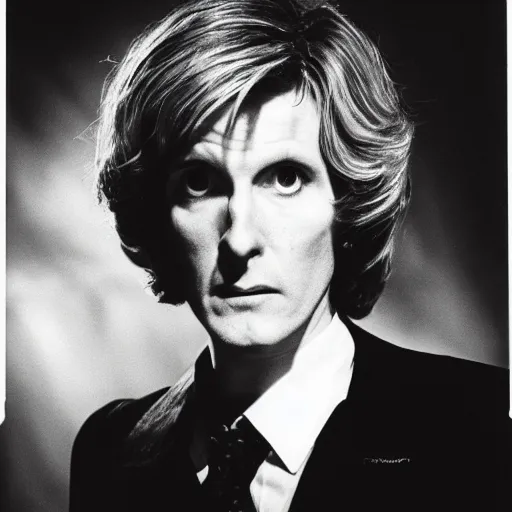 Image similar to a close - up, black & white studio photographic portrait of doctor who, dramatic backlighting, 1 9 7 3 photo from life magazine