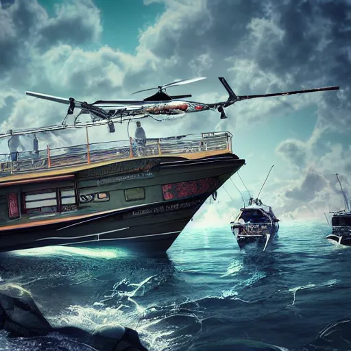 Image similar to rv mobile home boat helicopter, digital art, 3 d high definition, trending on artstation, photorealistic, high resolution, 8 k, octane, hyper detailed, trending on deviantart insane details, intricate, elite, ornate, elegant trend, highly detailed and intricate, sharp focus, photography, unreal engine