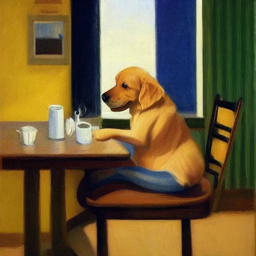 Image similar to golden retriever puppy sitting at a diner drinking a cup of coffee, looking melancholy, Edward Hopper