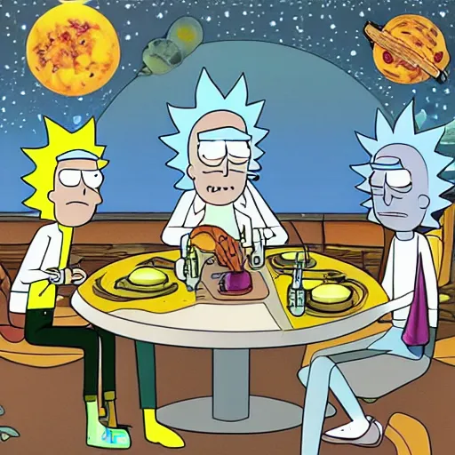 Image similar to rick and morty having dinner in spaceship metallic, layered paper style