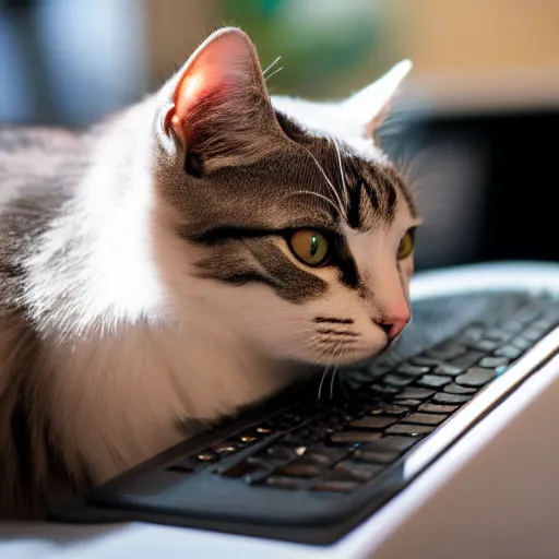 Prompt: cat working at a computer, photo, 8k.