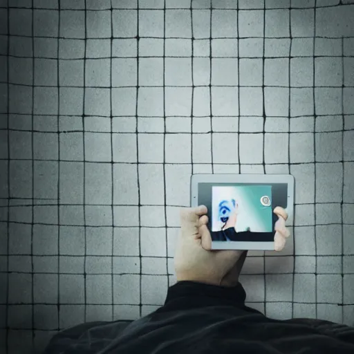 Image similar to prisoner alone in his cell setting up a video call using an ipad, photorealistic, frustrated expression, dark, restrictive firewalls