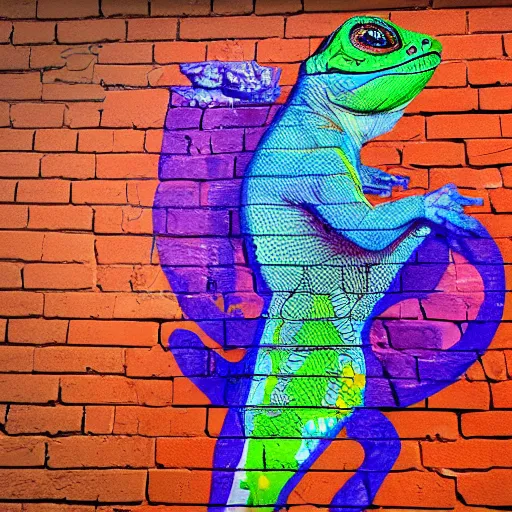 Image similar to a hyperrealistic graffiti on brick wall of a trippy lizzard, colorfu, 4 k