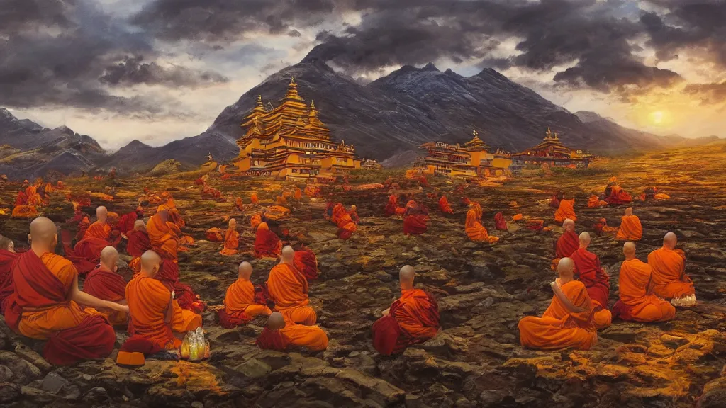Prompt: a Tibetan monk monastery with monks meditating as a group with a sunset in the distance, some statues at the side, highly detailed oil painting, epic fantasy art, abstraction, masterpeice, 8k