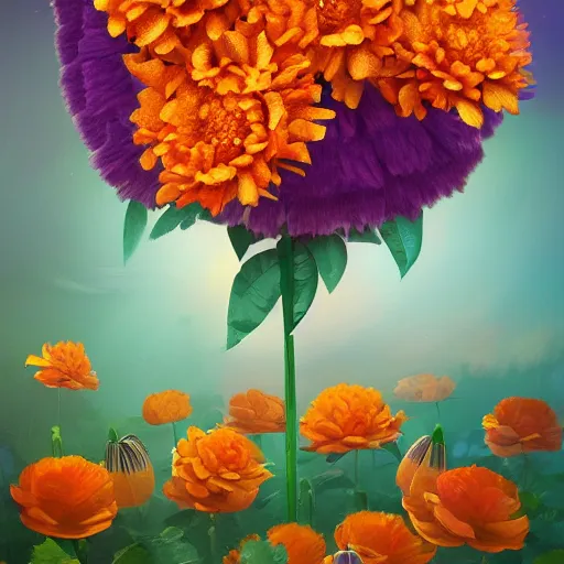 Prompt: a beautiful adorable matte digital painting of a pinata made of orange roses and orange chrysanthemums and purple poppies and green eucalyptus and green leaves, professional lighting, trending on artstation hq, contest winner