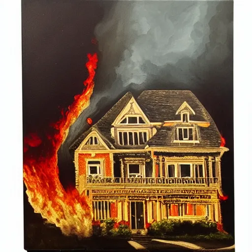 Prompt: A Queen Anne style victorian house on fire, oil on canvas