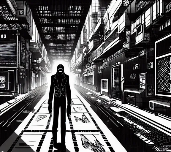 Image similar to a black and white illustration of a cyberpunk netrunner, street level, in the style of (Escher), 4k, 8k, HD, trending on artstation