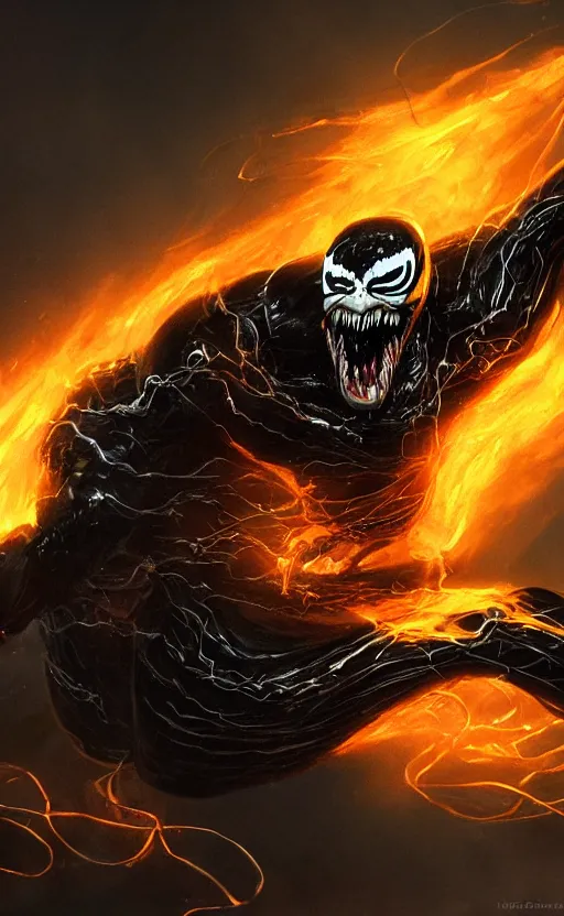 Image similar to venom as ghost rider, dynamic lighting, photorealistic fantasy concept art, trending on art station, stunning visuals, terrifying, creative, cinematic