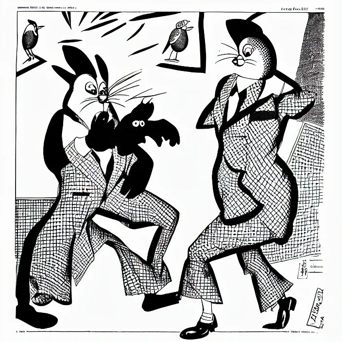 Image similar to a still frame from comic strip a bird in rabbit carnival costume pants 1 9 5 0, herluf bidstrup, new yorker illustration, monochrome contrast bw, lineart, manga, tadanori yokoo, simplified,