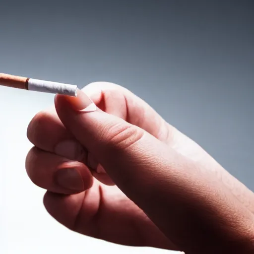 Prompt: Close-up of hyperrealistic soft only realistic hand holding cigarette with smoke, white background, 4K