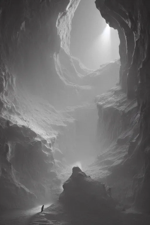 Prompt: a dark cave opening with a bright light inside the cave and a large twisted shadow creature casting shadows, masterpiece, artstation, Zdzisław Beksiński, 4k, dramatic