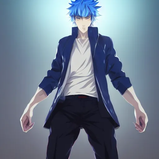 Image similar to Tall anime guy with glowy blue eyes, highly detailed angry anime face, blue hair wearing bordeaux shirt and white elegant jacket drawn, in a fighting stance, digital painting, artstation, concept art, soft light, hdri, smooth, sharp focus, illustration, art by tian zi and craig mullins and WLOP and alphonse mucha, MIHOYO STYLE visual novel sprite, character design