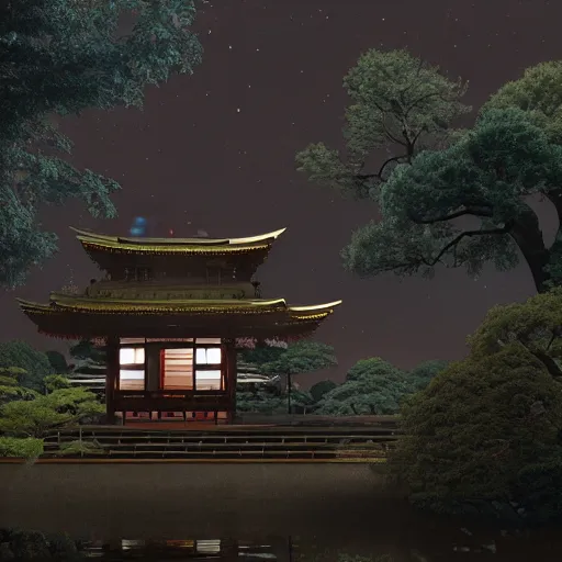 Prompt: japanese temple protected by a kitsune at night with moonlight, Octane Render, World Creator, Quixel megascans, Speedtree, Trending on Artstation