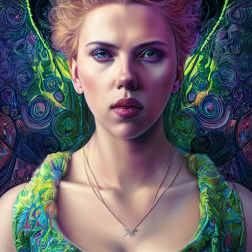 Image similar to portrait of scarlett johansson, hyper detailed masterpiece, neon floral pattern, jean giraud, digital art painting, darkwave goth aesthetic, psychedelic, artgerm, donato giancola and tom bagshaw