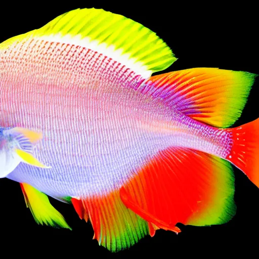 Prompt: a beautiful richly colored beta fish on a black background, full subject in view