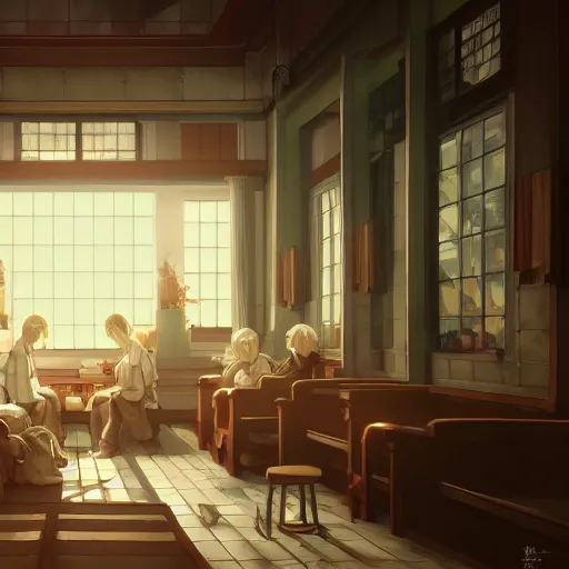 Image similar to interior of the melancholic nursing home, anime fantasy illustration by tomoyuki yamasaki, kyoto studio, madhouse, ufotable, square enix, cinematic lighting, trending on artstation