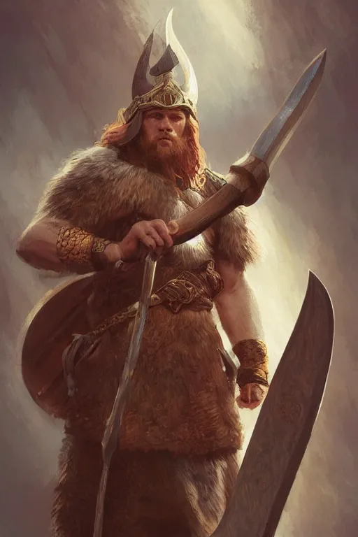 Image similar to a viking king with an axe, highly detailed, digital painting, artstation, concept art, sharp focus, illustration, art by artgerm and greg rutkowski and alphonse mucha