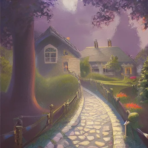 Prompt: house fairytale, path in curve shape leading to the house, oil painting, hd, 8 k, trending artstation,