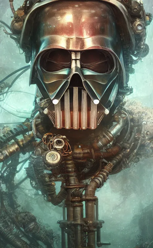 Image similar to underwater steampunk biopunk portrait of darth vader, au naturel, hyper detailed, digital art, trending in artstation, cinematic lighting, studio quality, smooth render, unreal engine 5 rendered, octane rendered, art style by klimt and nixeu and ian sprigger and wlop and krenz cushart.