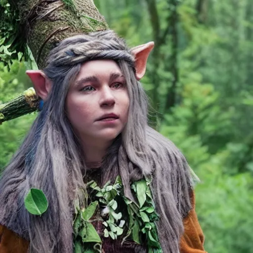 Prompt: deep gnome druid with leather clothing and leaves and sticks in her hair, photo from the movie midsommar