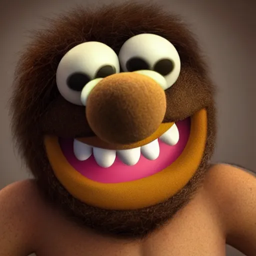 Image similar to a still of a forgotten muppet character looking very manly and modern, hilarious, laughing, hairy chest, huge chin, manly monster tough guy, roughled fur, photo real, photographic, photograph, artstation, trending, featured