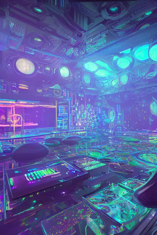 Image similar to a centered render of intricate modular synthesizer futuristic nightclub surrounded by ethereal lights and fractal geometry, cinematic, beautifully lit, by artgerm, by beeple, by karol bak, by donato giancola, by atelier olschinsky, 3 d, trending on artstation, octane render, 8 k