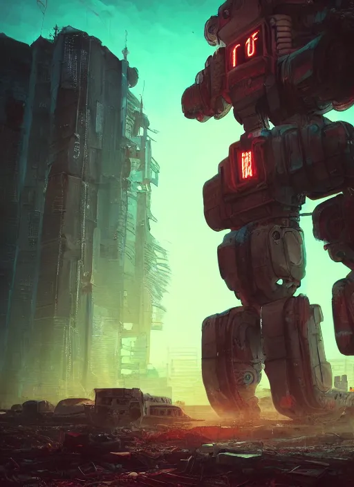 Image similar to a painting of a giant robot standing in front of a post apocalyptic city ruins, cyberpunk art by beeple, artstation hd, dystopian art, apocalypse art, sci - fi, glowing neon lights anamorphic lens flare