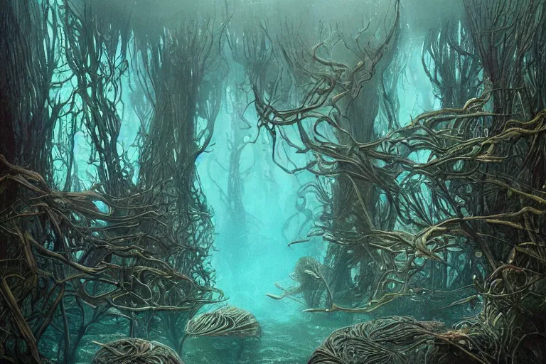 Image similar to Fantastical underwater forest by H R Giger, Moebius and Eywind Earle, trending on artstation