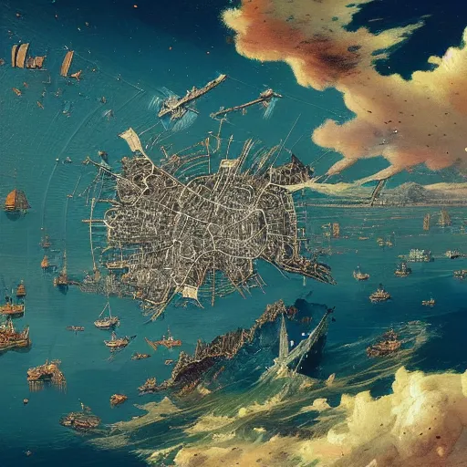 Image similar to A beautiful painting of a vintage network map with communities seen from above by Ivan Aivazovsky, Dan Mumford, H. R. Giger and Ernst Max