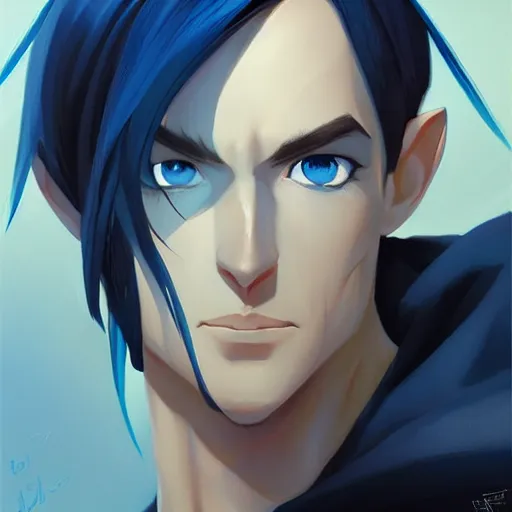 Prompt: blue forehead crystal, male black haired half elf, black goatee, blue eyes, artstation, style of jesper ejsing, by rhads, makoto shinkai and lois van baarle, ilya kuvshinov, ossdraws