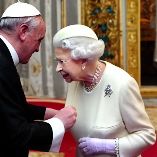 Image similar to the queen of england viciously attacks the pope in a boxing ring