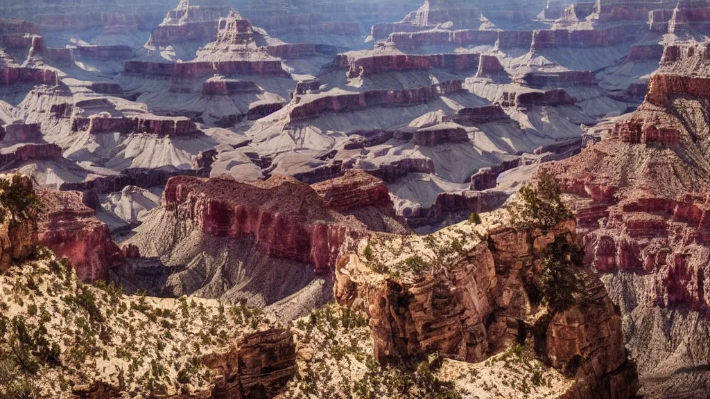 Image similar to an atmospheric film still by denis villeneuve featuring a dark gothic cathedral carved out of rock at the top of the grand canyon