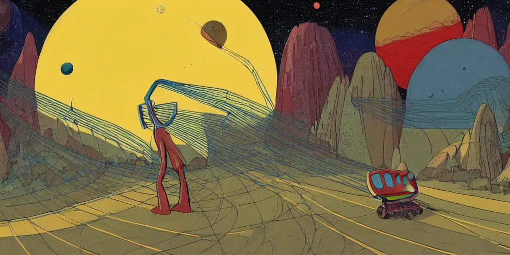 Image similar to traditional drawn colorful animation a car solo stranger with harvester net pacing to valley symmetrical architecture on the ground, space station planet afar, planet surface, ground, rocket launcher, outer worlds extraterrestrial hyper contrast well drawn Metal Hurlant Pilote and Pif in Jean Henri Gaston Giraud animation film The Masters of Time FANTASTIC PLANET La planète sauvage animation by René Laloux