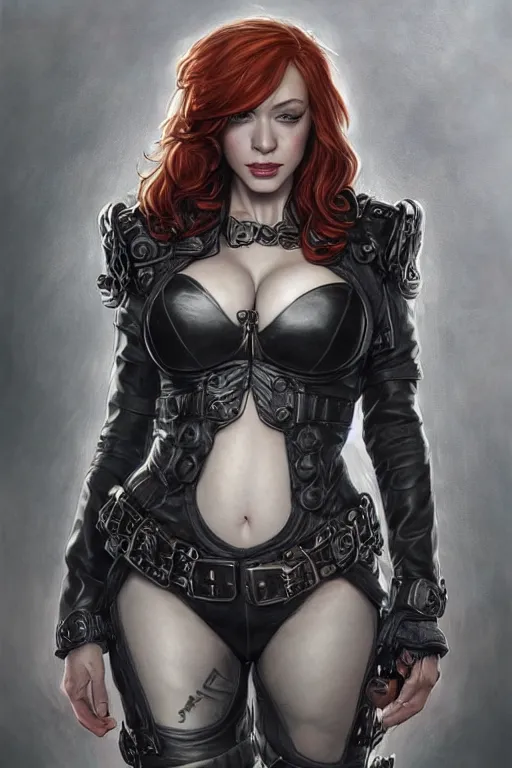 Image similar to muscled Christina Hendricks as a ruggedly handsome heroine , dressed in biker leather, intricate, elegant, highly detailed, centered, digital painting, artstation, concept art, smooth, sharp focus, illustration, art by artgerm and donato giancola and Joseph Christian Leyendecker, Ross Tran, WLOP