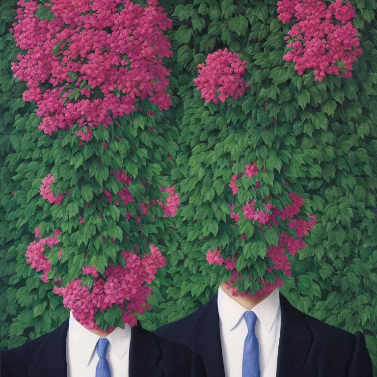 Image similar to portrait of a man, face hidden by beautiful flowers, by rene magritte, detailed painting, hd, hq, high resolution, high detail, 4 k, 8 k