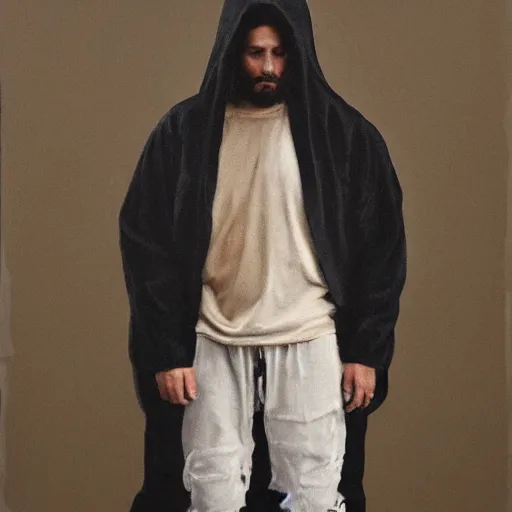 Image similar to a full body portrait of modern day jesus wearing yeezus streetwear hoodie and pants by nicola samori, oil painting, realistic, 8 k, adidas style