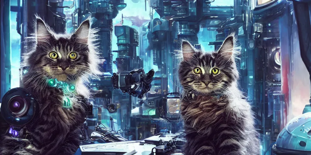 Image similar to a 3 d rendered movie still a cute robot has the head of an adorable cyberpunk maine coon kitten. in the background is a cyberpunk cat tree. digital art. science fiction blockbuster movie from the future, imax 7 0 mm. style of mandalorian ( american space western television series )
