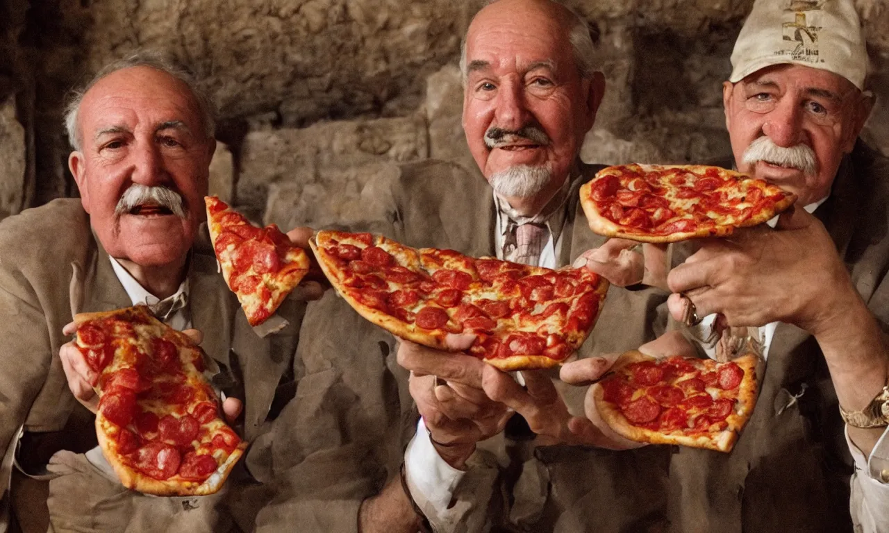 Prompt: Egyptologist Howard Carter excited to discover Pepperoni Pizza in Tutankhamun's tomb, Photorealistic, Photographic, Colorized