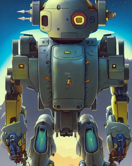 Prompt: bastion the friendly robot from overwatch, with his pet bird, character portrait, portrait, close up, concept art, intricate details, highly detailed, vintage sci - fi poster, retro future, in the style of chris foss, rodger dean, moebius, michael whelan, katsuhiro otomo, and gustave dore