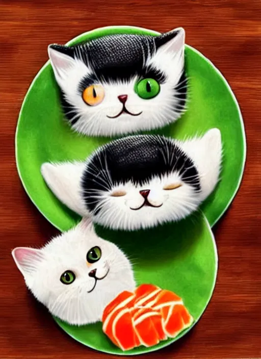 Image similar to clear photorealistic picture of adorable cats made out of sushi