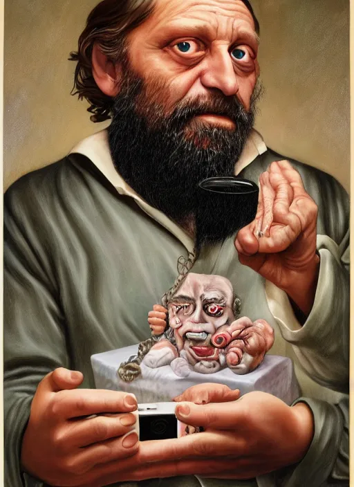 Image similar to Slavoj Zizek eating a smartphone Mark Ryden and Alex Gross, Todd Schorr highly detailed