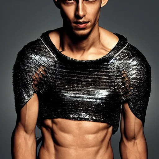 Image similar to a slim athletic beautiful latin male wearing a iris van herpen crop top, photographed by michelangelo for vogue magazine