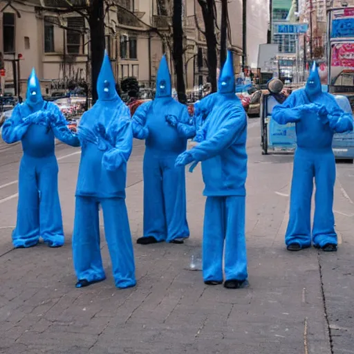 Image similar to surrealist conehead blue man group street performers photography