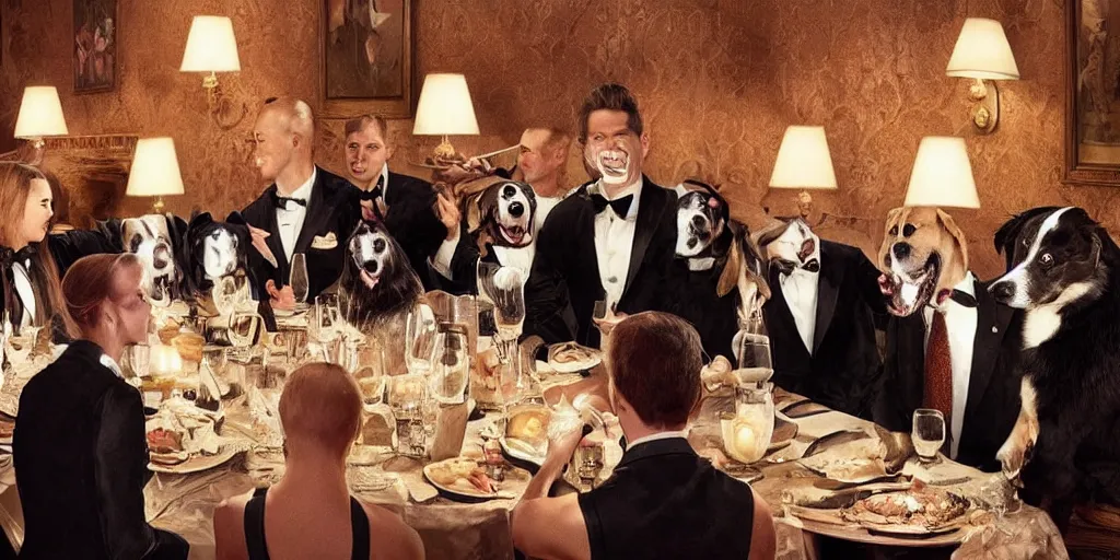 Prompt: dogs wearing suits and dresses eating dinner at a fancy restaurant, very atmospheric lighting, award winning photo, masterpiece