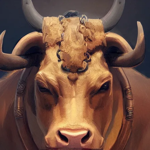 Prompt: portrait of a bull by greg rutkowski, he looks like ferdinand, he is about 2 years old, wearing golden chain in his chest, highly detailed portrait, digital painting, artstation, concept art, smooth, sharp foccus ilustration, artstation hq