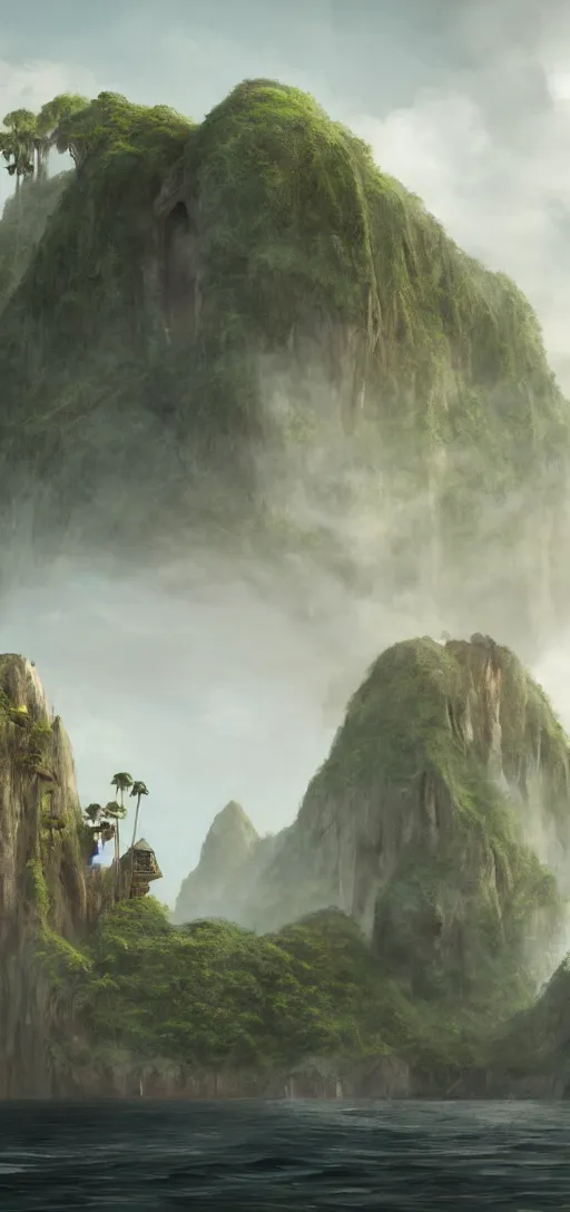 Image similar to wooden fortress on a tropical island with ruff shore cliffs, skull Island, kingkong,landscape, raphael lacoste, eddie mendoza, alex ross, john howe, concept art, matte painting, highly detailed, rule of thirds, dynamic lighting, cinematic, detailed, denoised, centerd, clean render