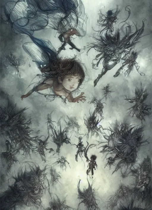 Image similar to portrait, Dark fairies stealing away children into the sky over London, watercolor, pen and ink, intricate line drawings, by Yoshitaka Amano, Ruan Jia, Kentaro Miura, Artgerm, post processed, concept art, artstation, matte painting, style by eddie mendoza, raphael lacoste, alex ross